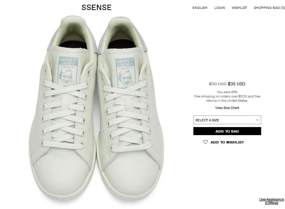 SSENSE優惠碼2018 SSENSE現有年度清倉進入尾聲，低至3折 adidas Originals x Pharrell Williams合作款Stan Smith女士板鞋 清倉斷碼$35
