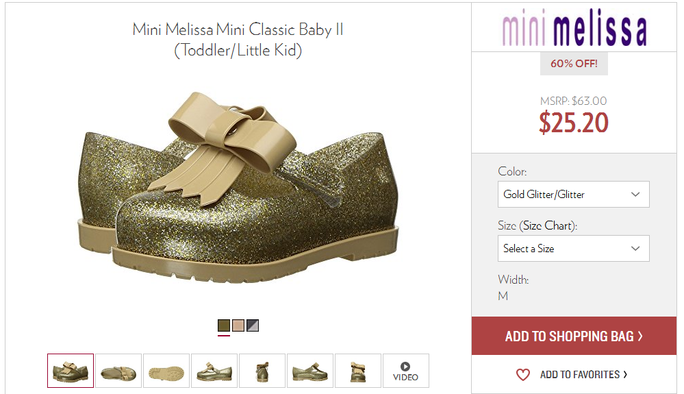 6pm優惠碼2018 Mini Melissa梅麗莎classic baby II蝴蝶結兒童鞋 4折$25.2