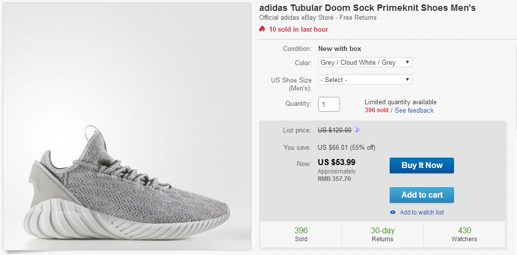 eBay優惠碼2018 Adidas阿迪達斯TUBULAR DOOM SOCK PK 男款休閑運動鞋 折後約380元