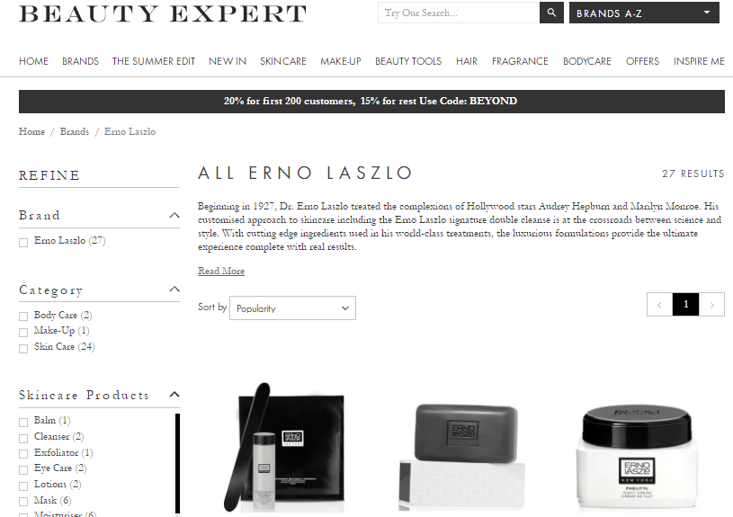 Beauty Expert最新優惠碼2018   網購Erno Laszlo護膚品78折/低至香港37折+免費直運港澳