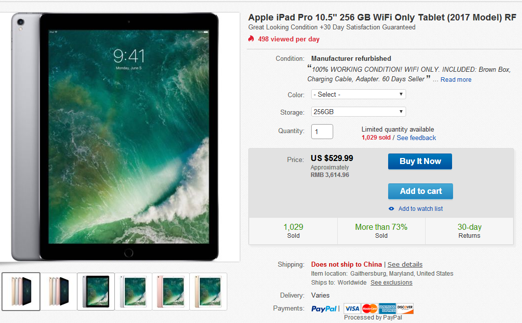 ebay優惠碼2018 2017款：Apple 蘋果 iPad Pro 10.5 平板電腦 256G 官翻 特價$529.99