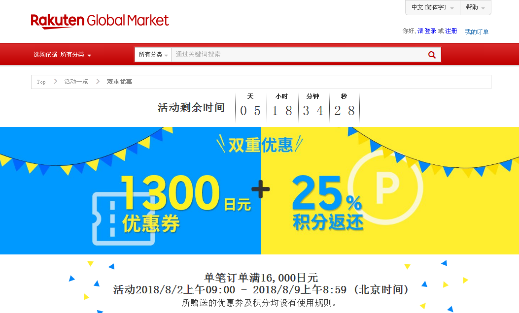 日本樂天優惠碼2018【Rakuten Global Market】1300日元購物優惠券 + 25%積分回贈