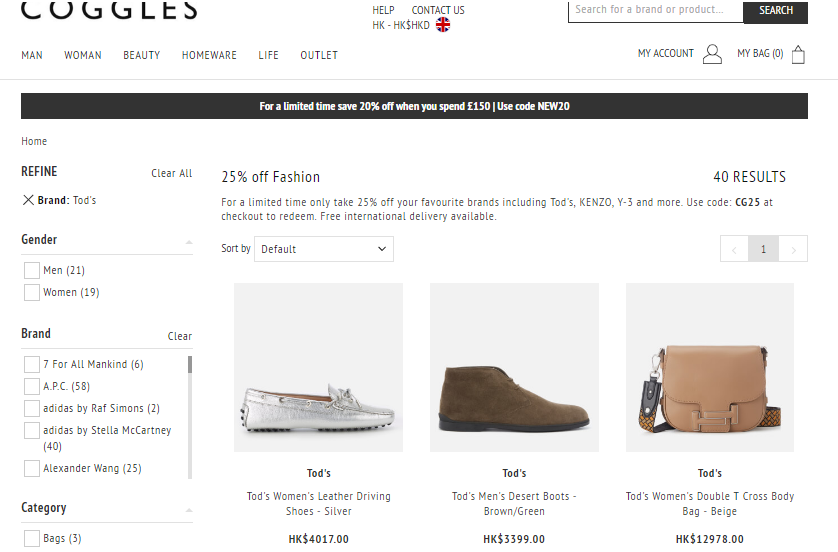 英國Coggles網最新優惠碼2018  網購Tod’s男女豆豆鞋限時75折,低至HK$2,472起+免費寄香港