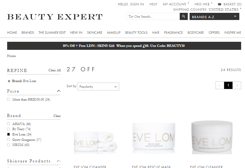 英國網站BeautyExpert優惠碼2018-網購皇牌EVE LOM全線單品73折優惠，低至香港62折